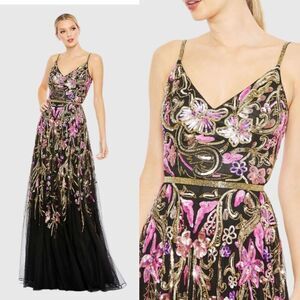 NWT Mac Duggal Black V Neck Floral Embellished Spaghetti Strap Gown dress Sz 2